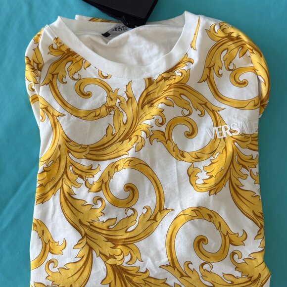 Versace Leafy Baroque Cotton Jersey T-Shirt Yellow Large 1019460 NWT $625 - Picture 9 of 9